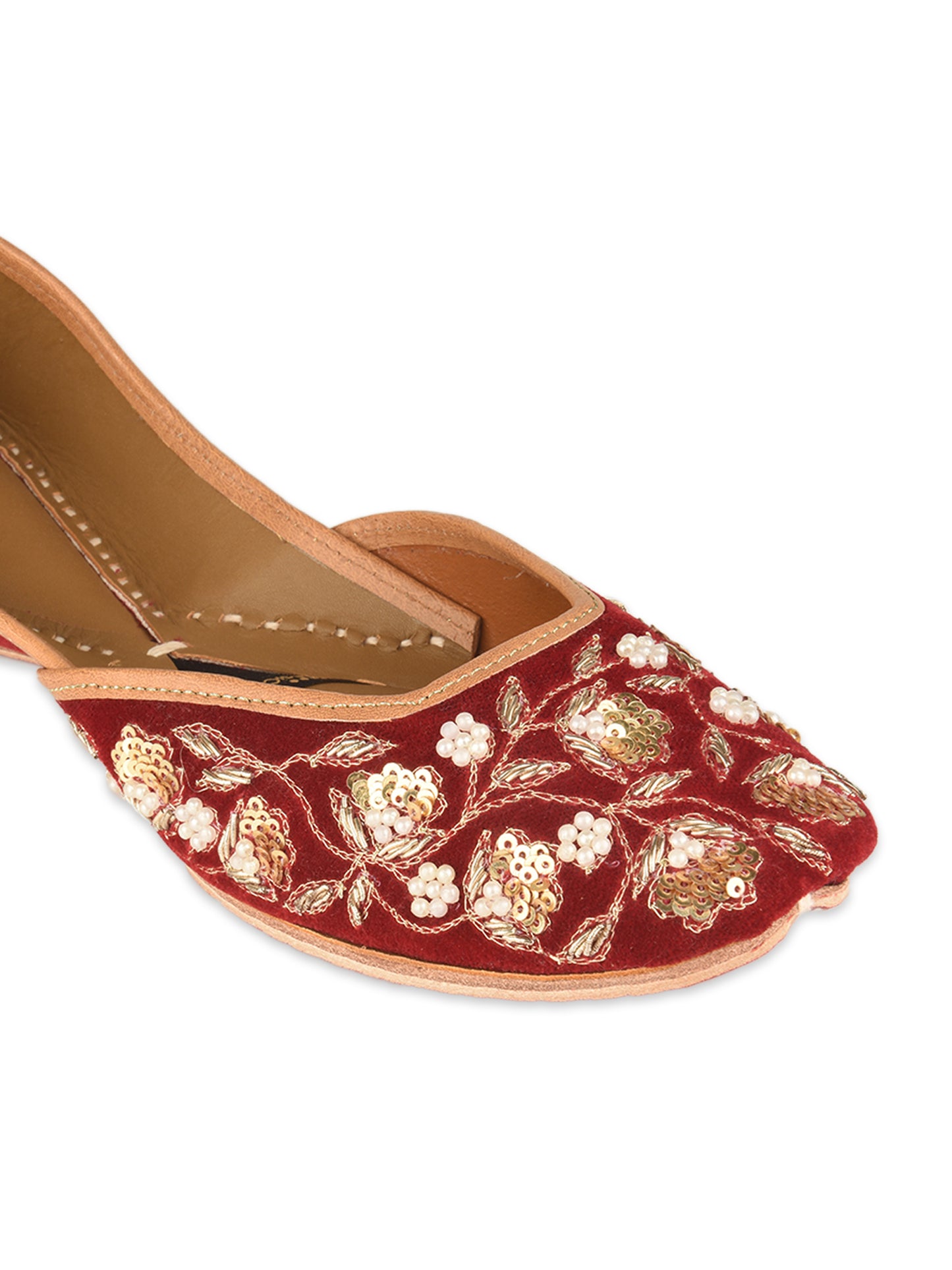 Red Bridal Velvet Leather Jutti with Dabka & Pearl Work for Women