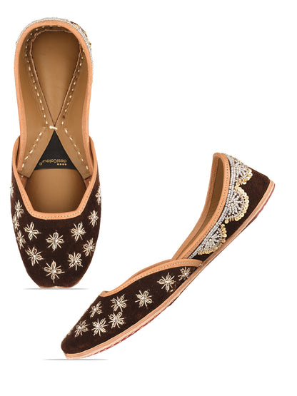 Brown Bridal Leather Jutti with Velvet Dabka Work for Women