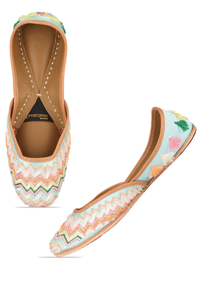 Multicolour Bridal Leather Jutti with Pastel Thread, Sequin & Tassels for Women