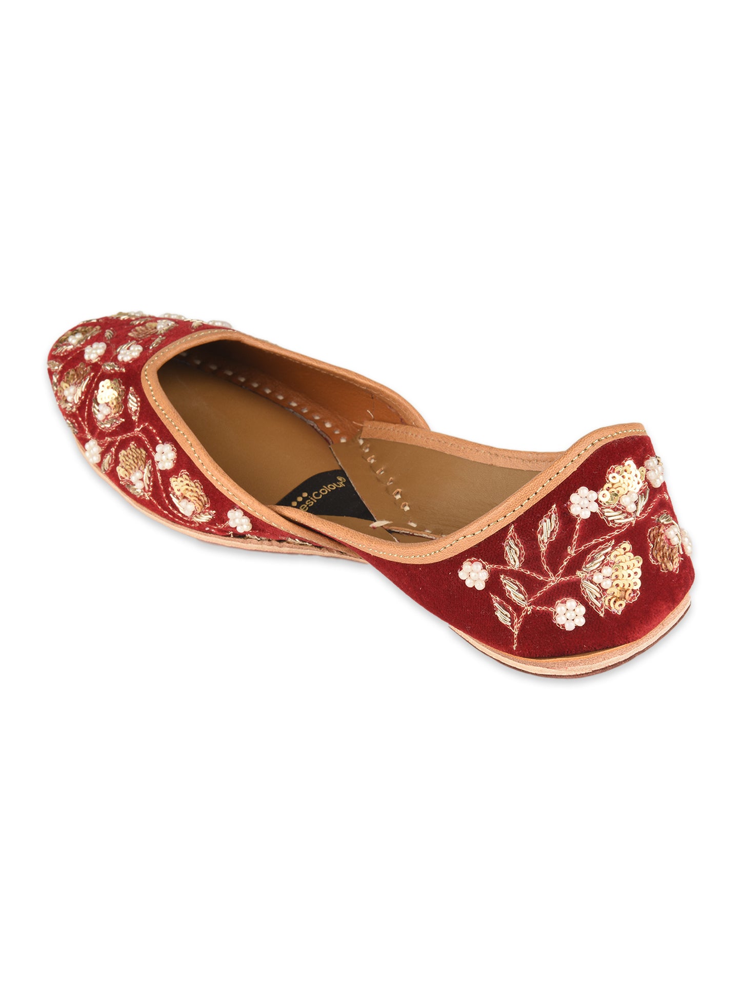 Red Bridal Velvet Leather Jutti with Dabka & Pearl Work for Women