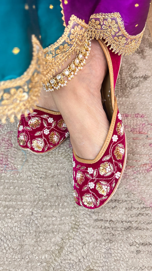 Elara Gulnaar Pink Velvet Leather Jutti with Dabka & Pearl Work for Women