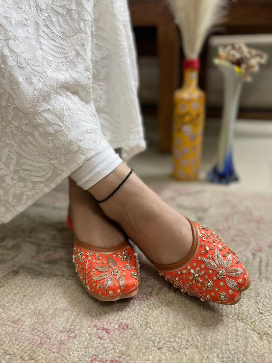 DESI COLOUR Women Orange Embellished Leather Ethnic Mojaris Flats