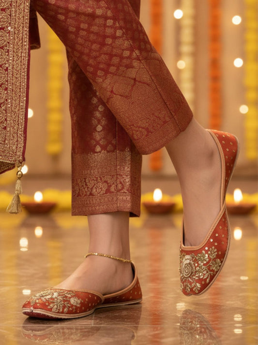 Rust tone Dabka Work & Premium Mojari for Women