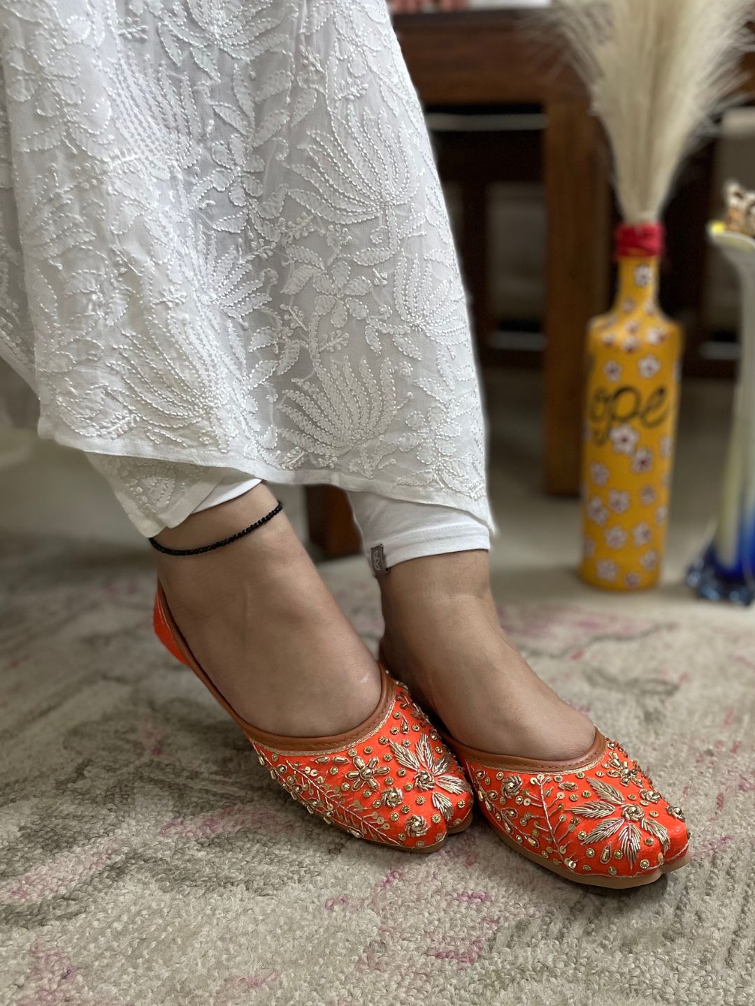 DESI COLOUR Women Orange Embellished Leather Ethnic Mojaris Flats