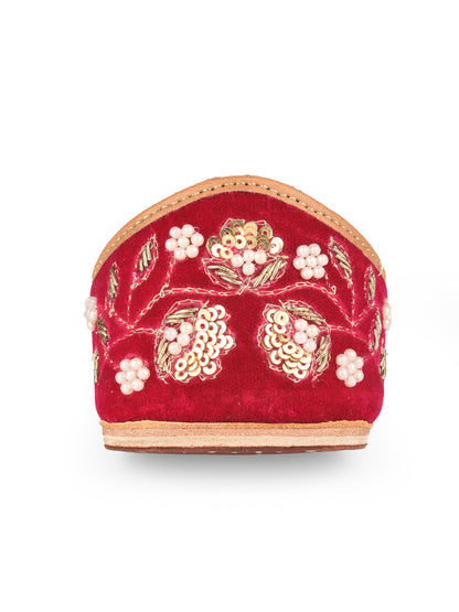 Elara Gulnaar Pink Velvet Leather Jutti with Dabka & Pearl Work for Women