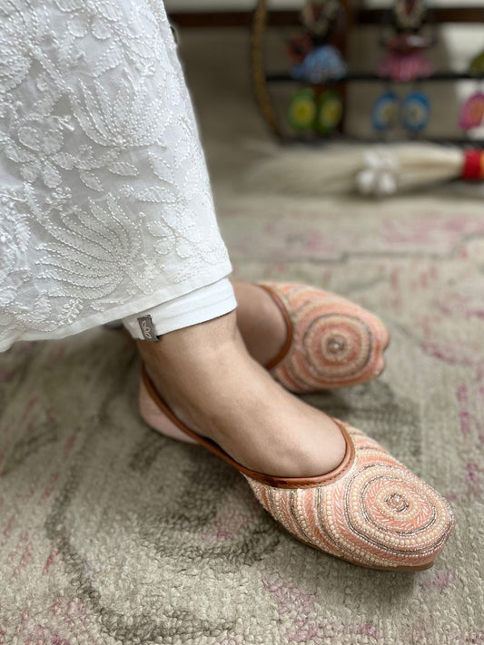 DESI COLOUR Women Peach-Coloured Embellished Leather Ethnic Ballerinas Flats