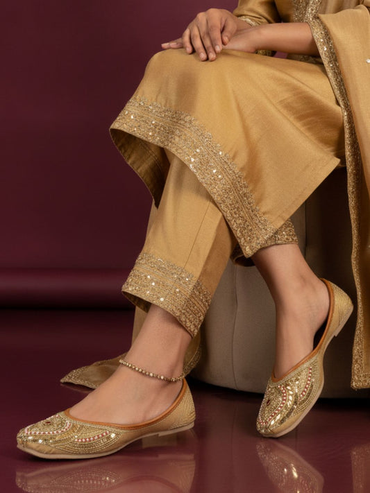 Gold Pearl & Stone Embellished Punjabi Jutti for Women
