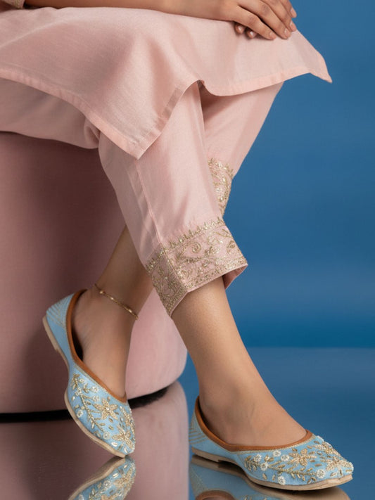 Sky Blue & Gold Dabka Embroidered Ethnic Mojari for Women