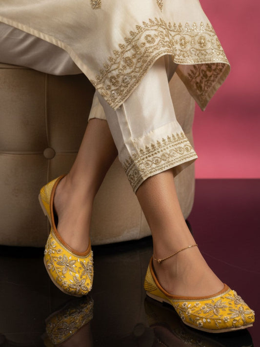 Yellow Dabka Work Embroidered Punjabi Jutti for Women