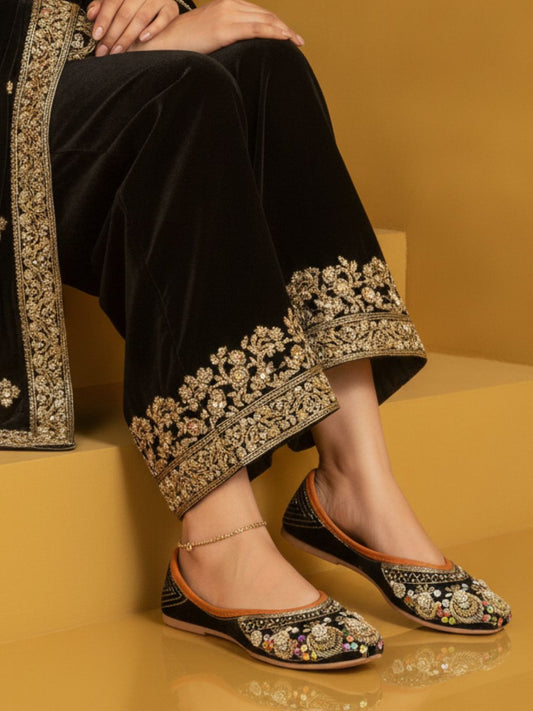 Black Velvet Dabka Stone Embroidered Punjabi Jutti for Women