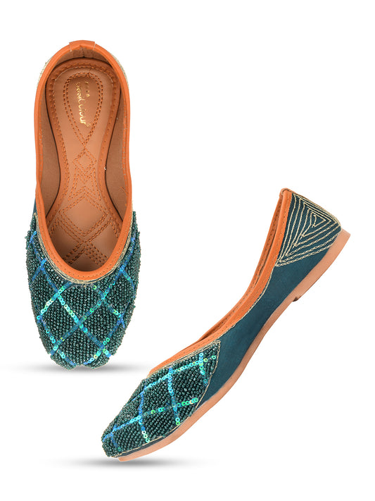 DESI COLOUR Women Teal Ethnic Punjabi Jutti