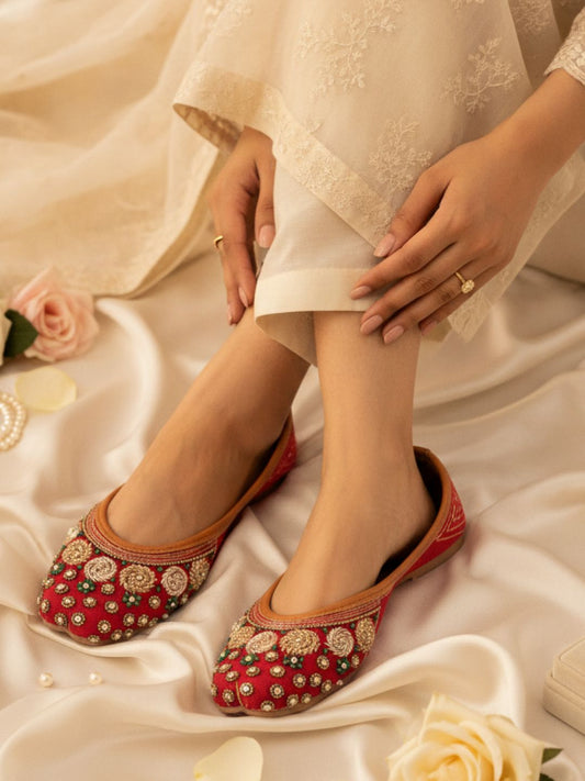 Red Dabka & Stone Velvet Punjabi Jutti for Women