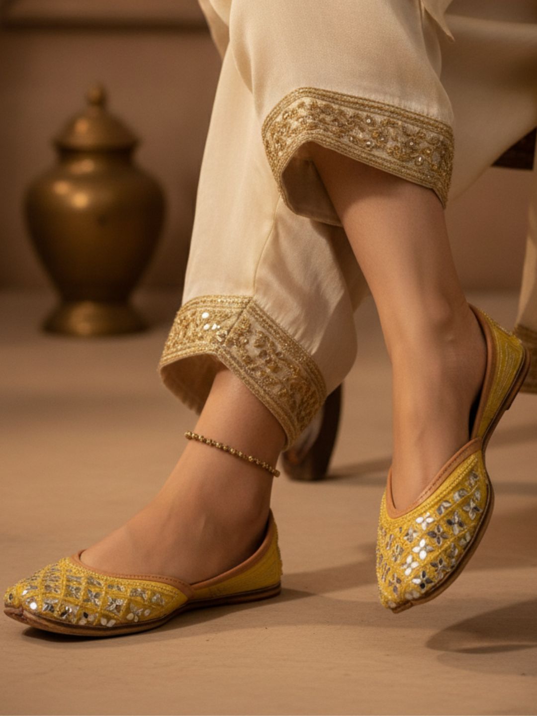 Woman Yellow Embellished Mirror Work Ethnic Mojaris