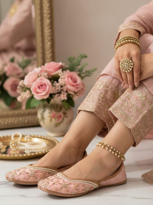 Zyra Pink Bridal Leather Mojari with Pearl & Stone Work for Women
