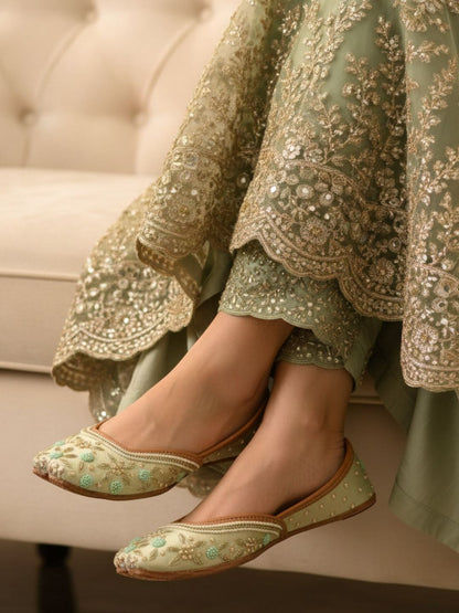 Sea Green Pastel Leather Mojari with Dabka & Pearl Work for Women