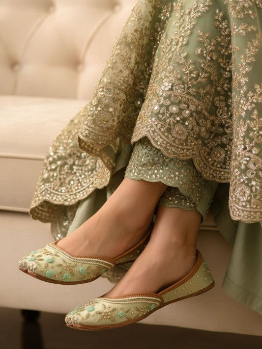 Sea Green Pastel Leather Mojari with Dabka & Pearl Work for Women
