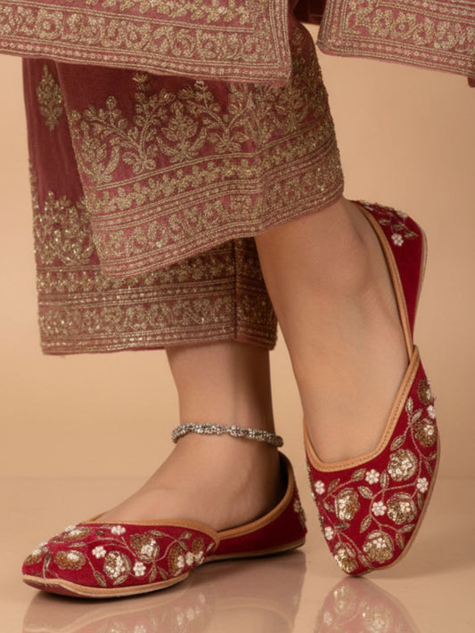 Elara Gulnaar Pink Velvet Leather Jutti with Dabka & Pearl Work for Women