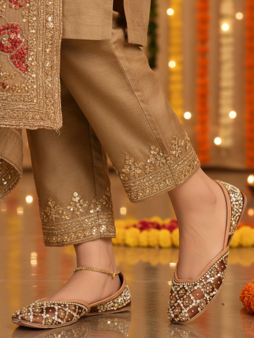Brown Dabka Work Premium Mojari for Women