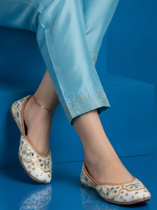 Off White Pearl & Mirror Work Premium Mojari for Women
