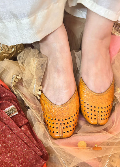 Women Tan Embellished Leather Ethnic Mojaris with Laser Cuts Flats