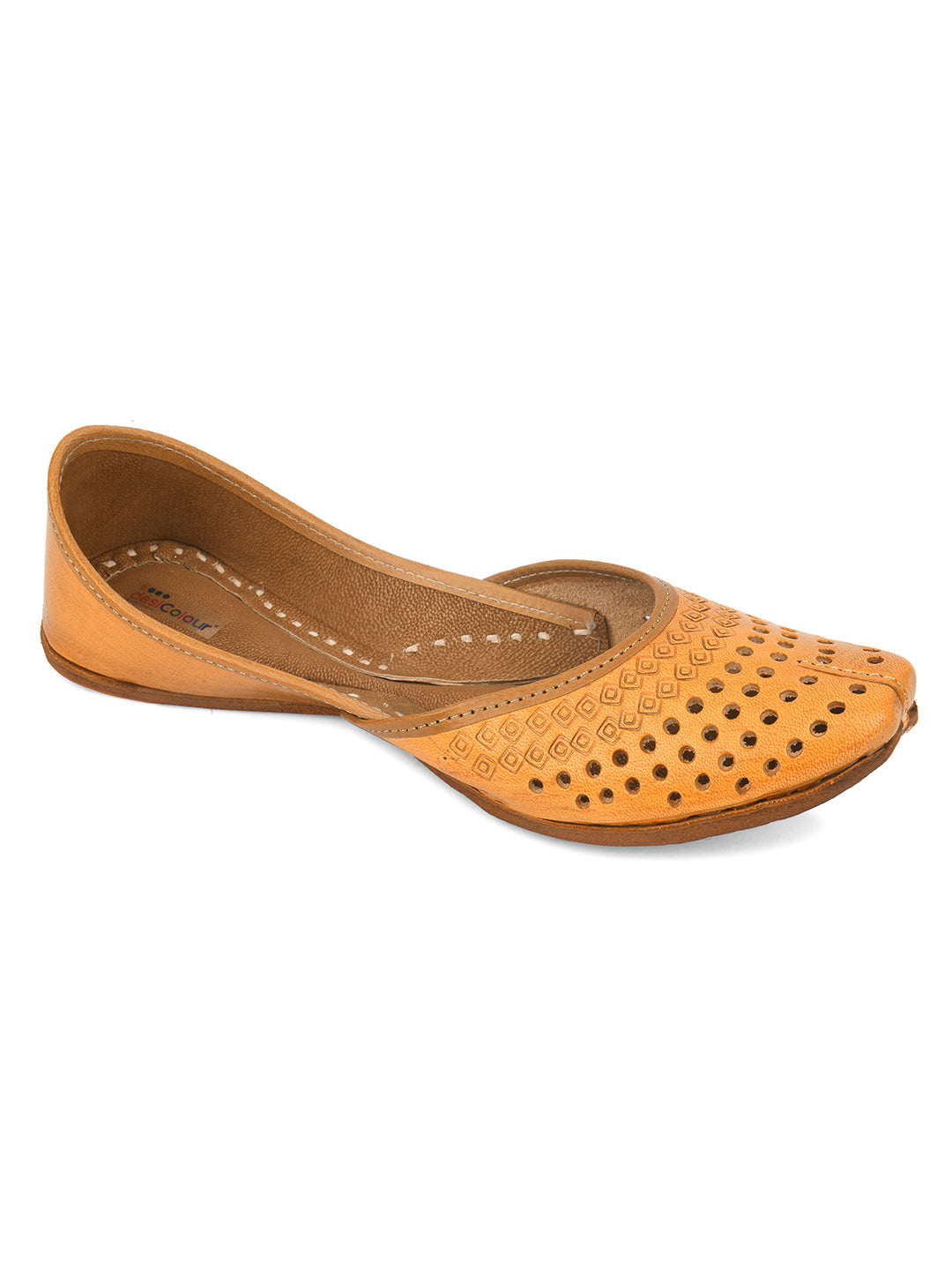 Women Tan Embellished Leather Ethnic Mojaris with Laser Cuts Flats