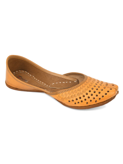 Women Tan Embellished Leather Ethnic Mojaris with Laser Cuts Flats