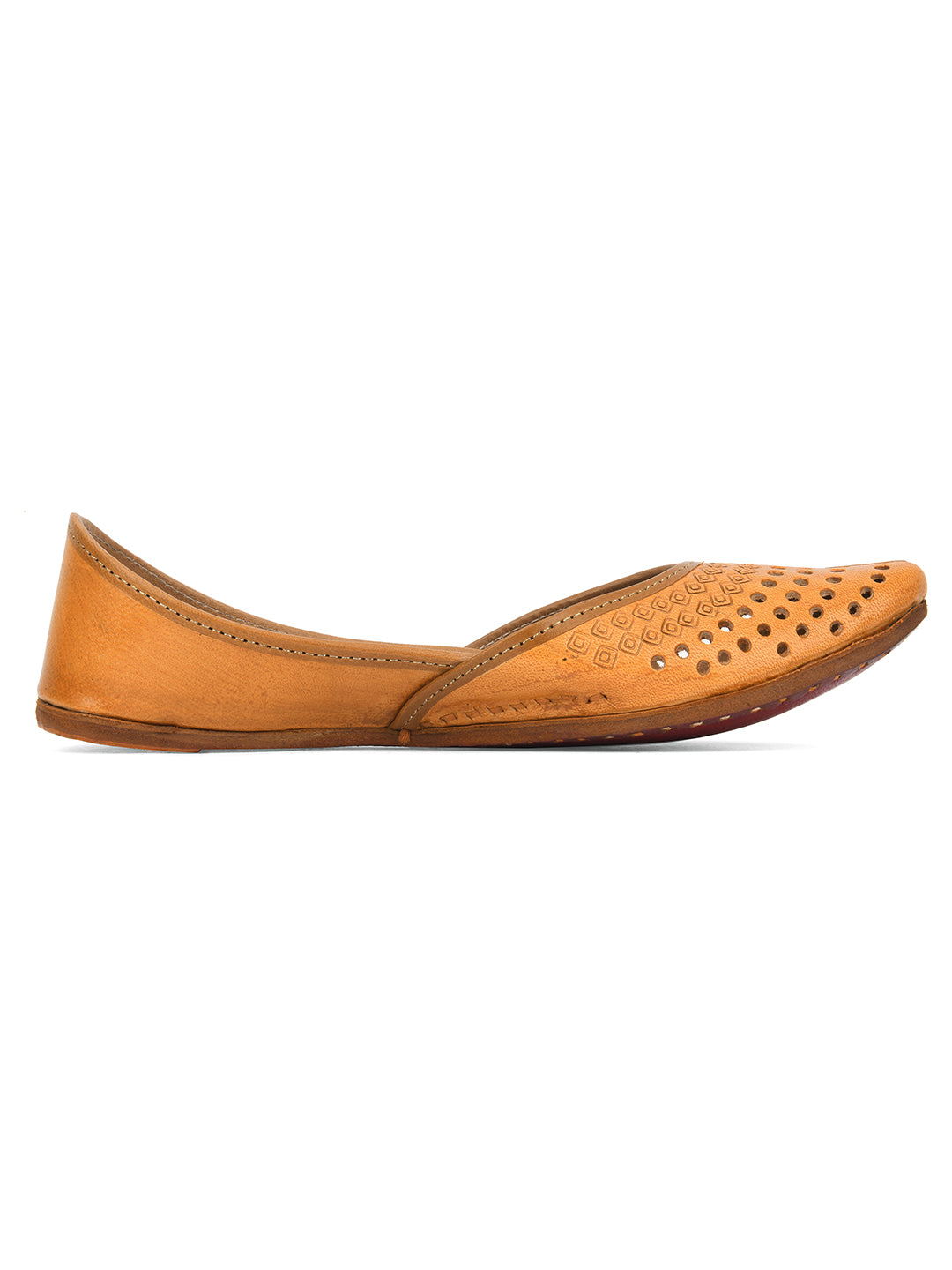 Women Tan Embellished Leather Ethnic Mojaris with Laser Cuts Flats