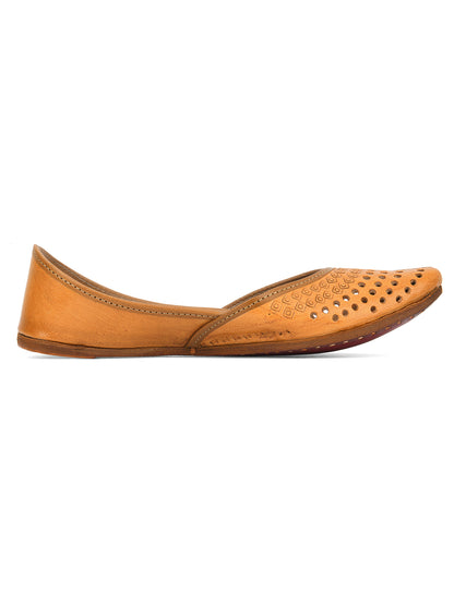 Women Tan Embellished Leather Ethnic Mojaris with Laser Cuts Flats