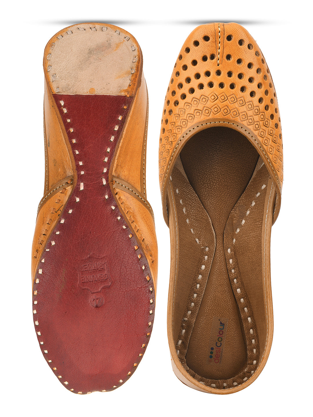 Women Tan Embellished Leather Ethnic Mojaris with Laser Cuts Flats