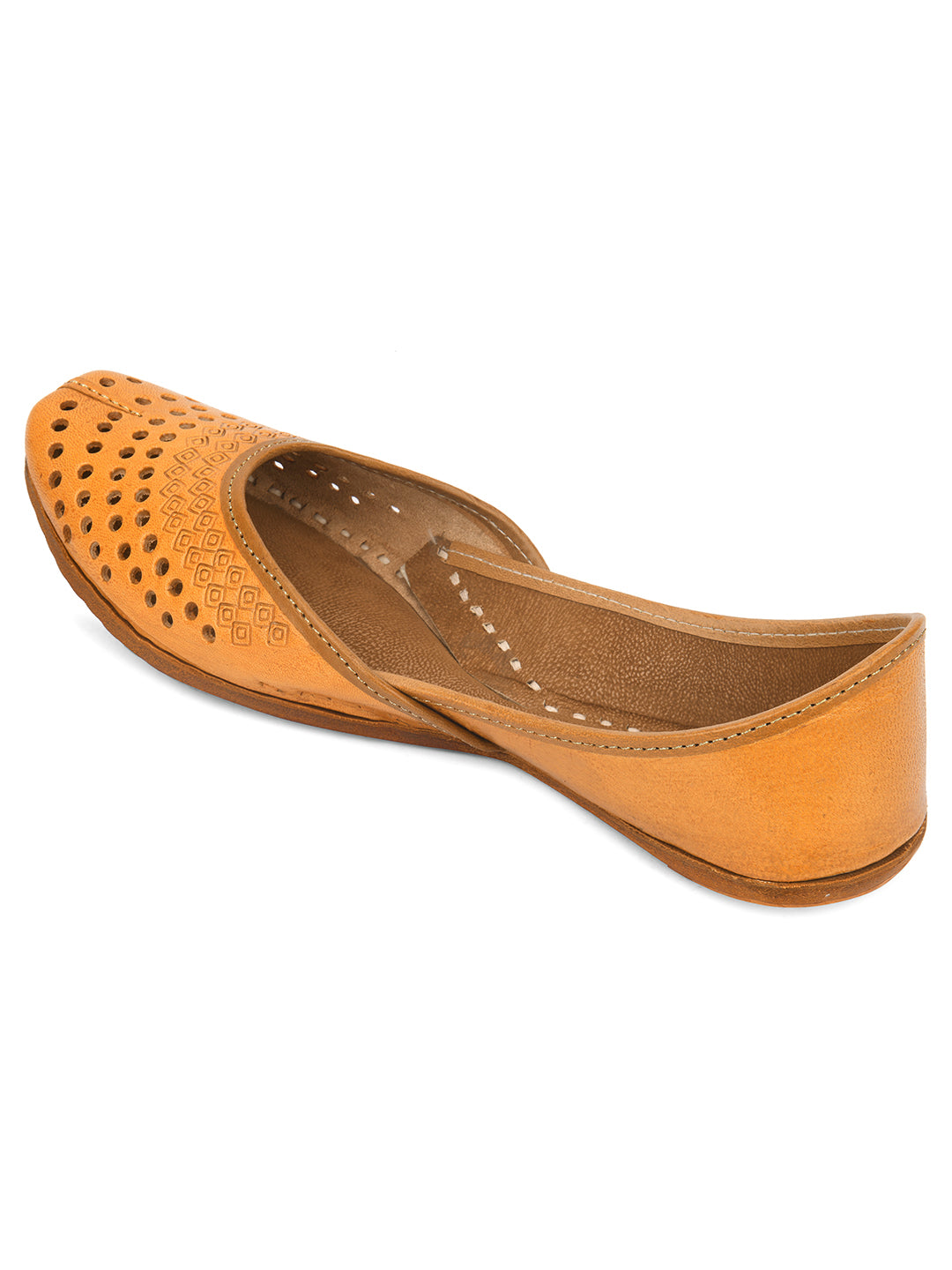Women Tan Embellished Leather Ethnic Mojaris with Laser Cuts Flats