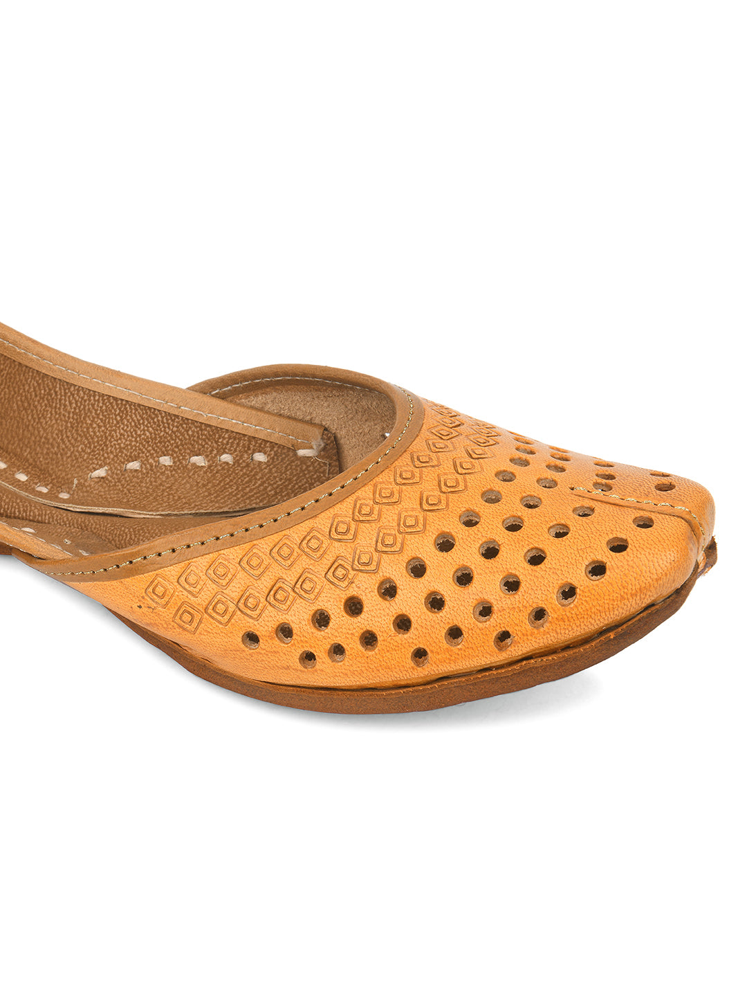 Women Tan Embellished Leather Ethnic Mojaris with Laser Cuts Flats