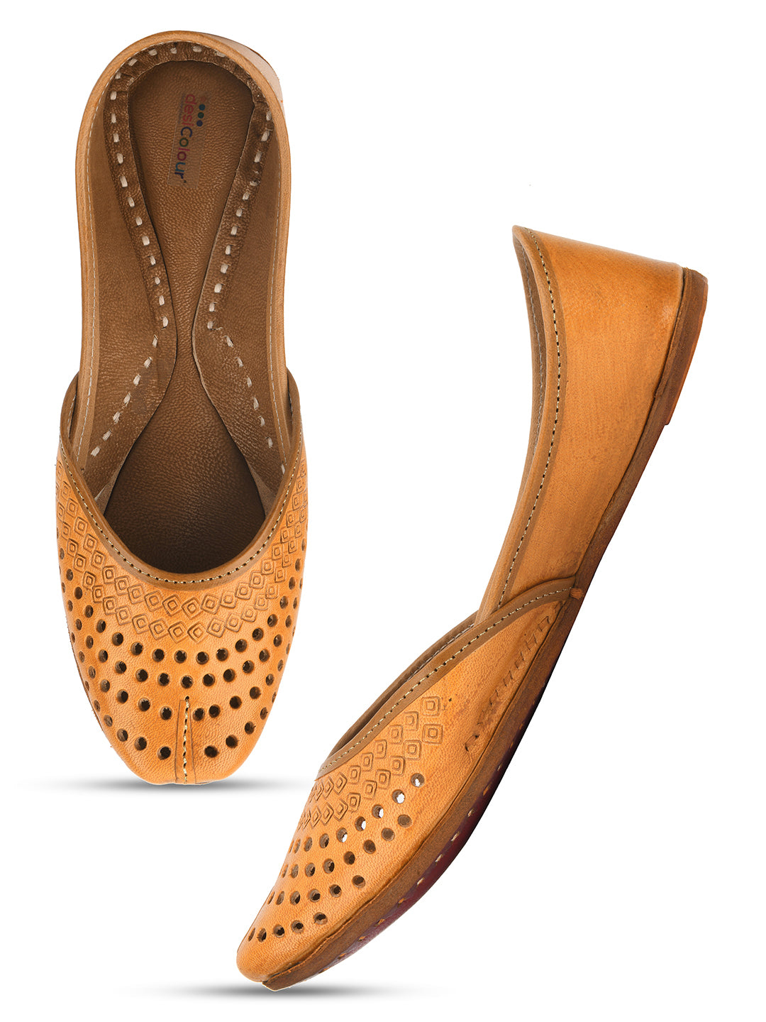 Women Tan Embellished Leather Ethnic Mojaris with Laser Cuts Flats