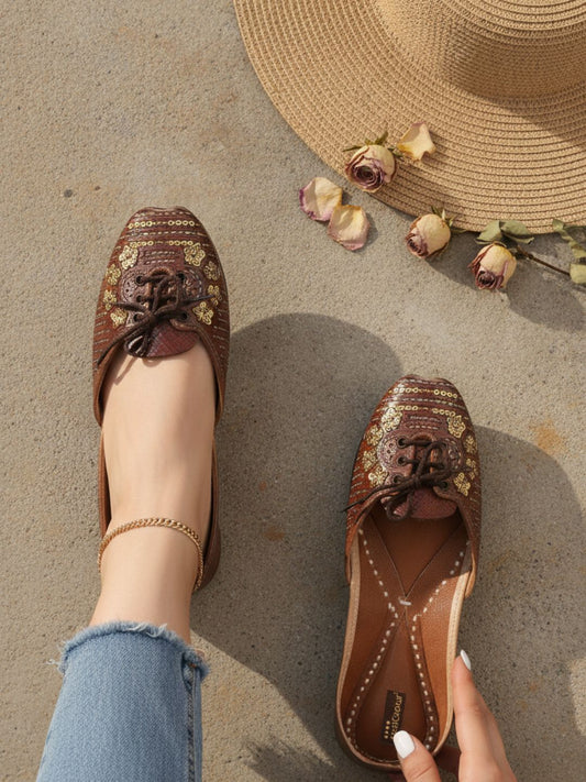 Brown Leather Loafer Style Mojaris for Women