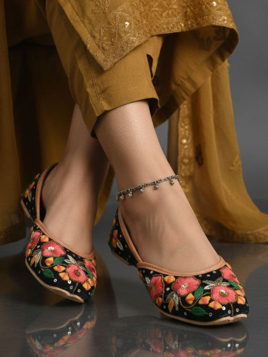Black Multicolour Embroidered Cushioned Jutti for Women