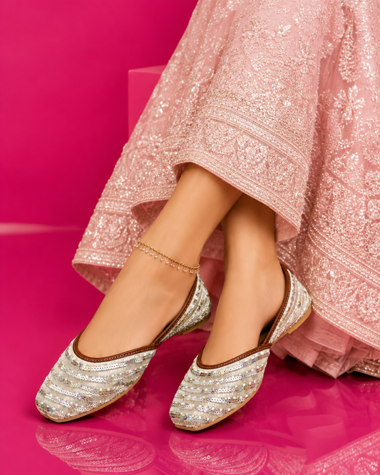 Silver pearl work Cushioned Jutti for Women