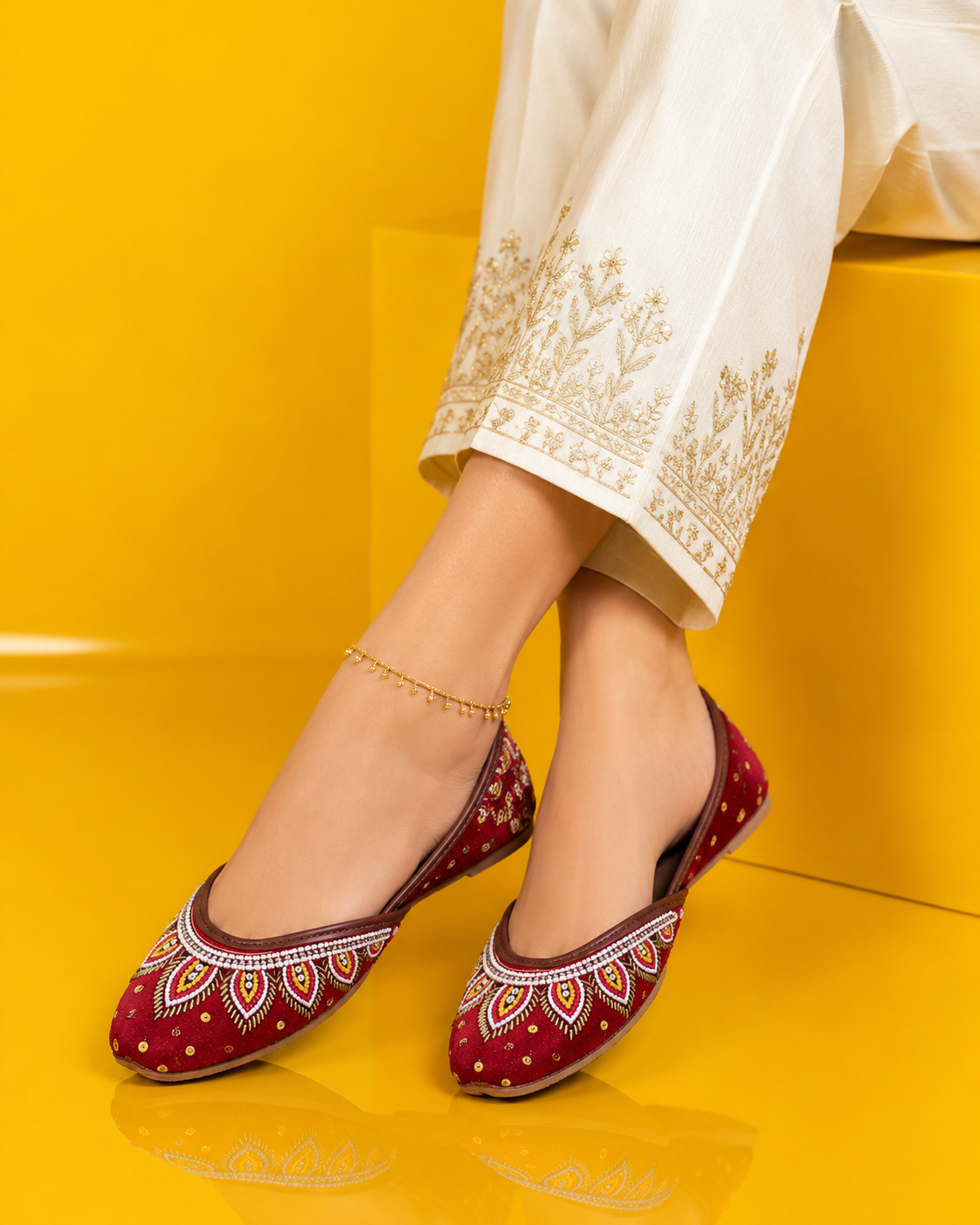 Red Velvet Pearl work Cushioned Jutti for Women