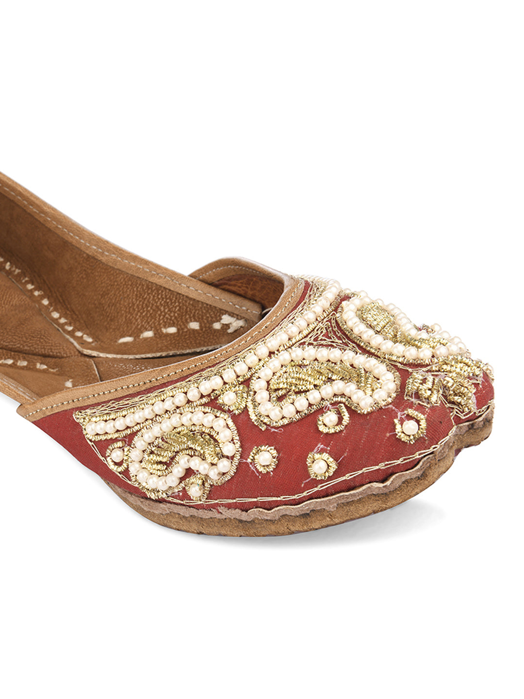 Women Red Colourblocked Leather Ethnic Mojaris Flats