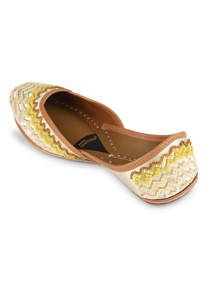 Offwhite Yellow Chevron hand embroidered premium Mojari for Women