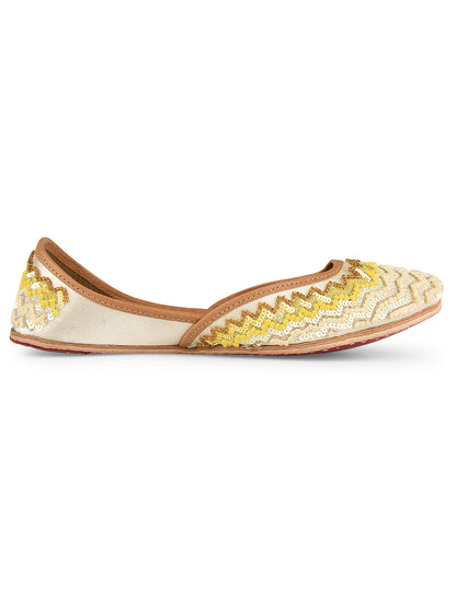 Offwhite Yellow Chevron hand embroidered premium Mojari for Women