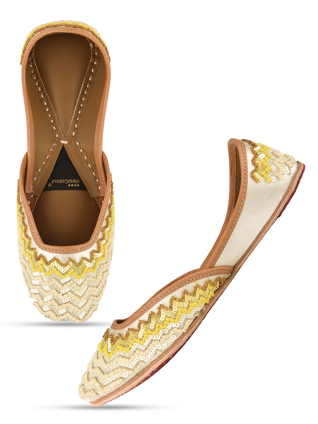 Offwhite Yellow Chevron hand embroidered premium Mojari for Women