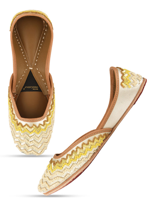 Offwhite Yellow Chevron hand embroidered premium Mojari for Women