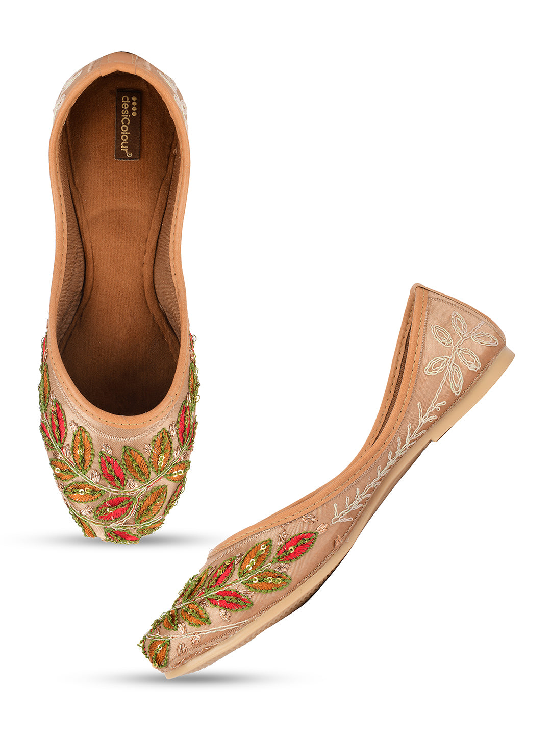 DESI COLOUR Women Beige Embellished Ethnic Comfy Punjabi Jutti