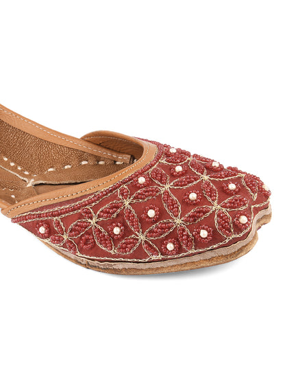 Women Maroon Embellished Leather Ethnic Mojaris Flats