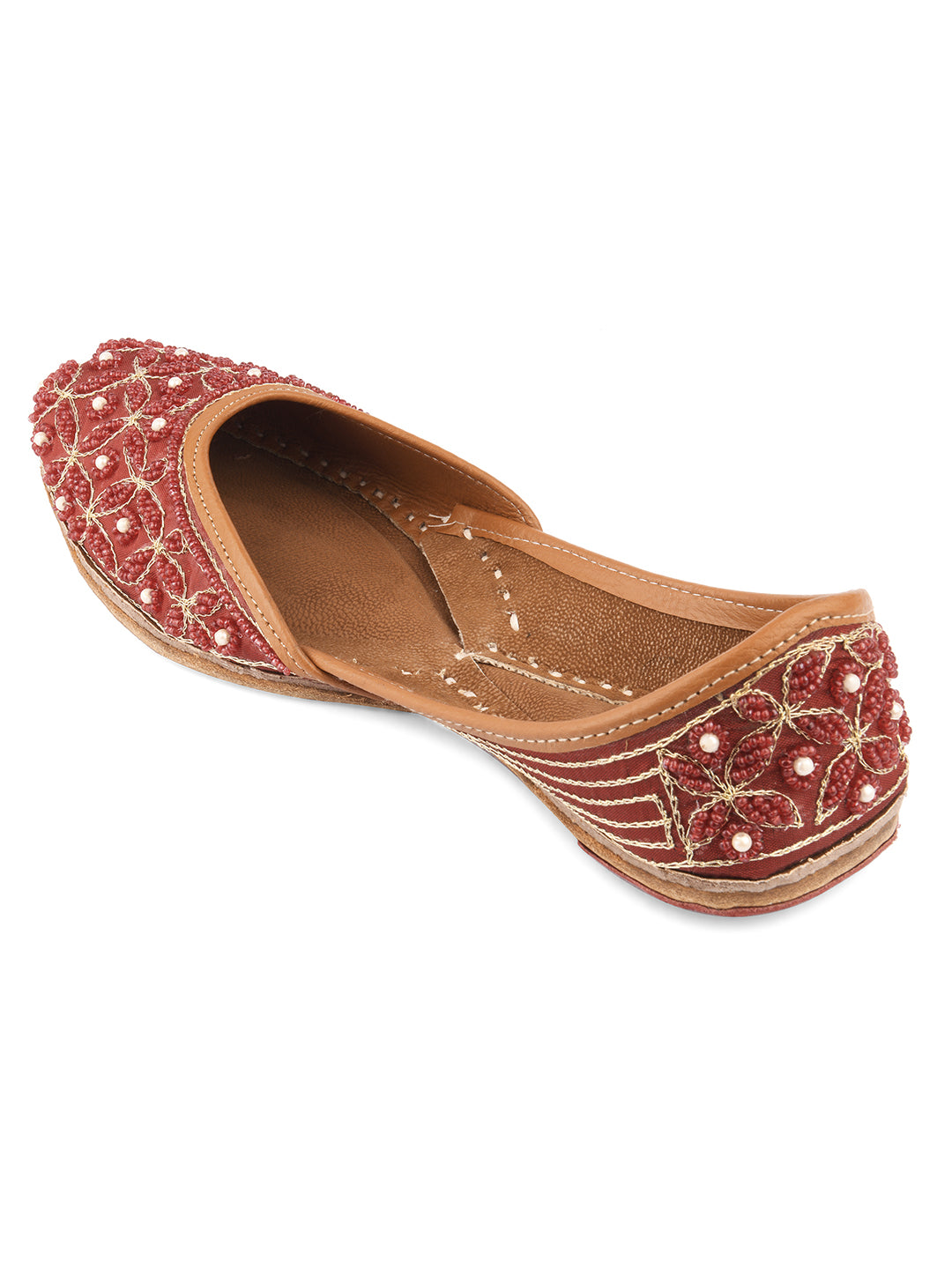 Women Maroon Embellished Leather Ethnic Mojaris Flats