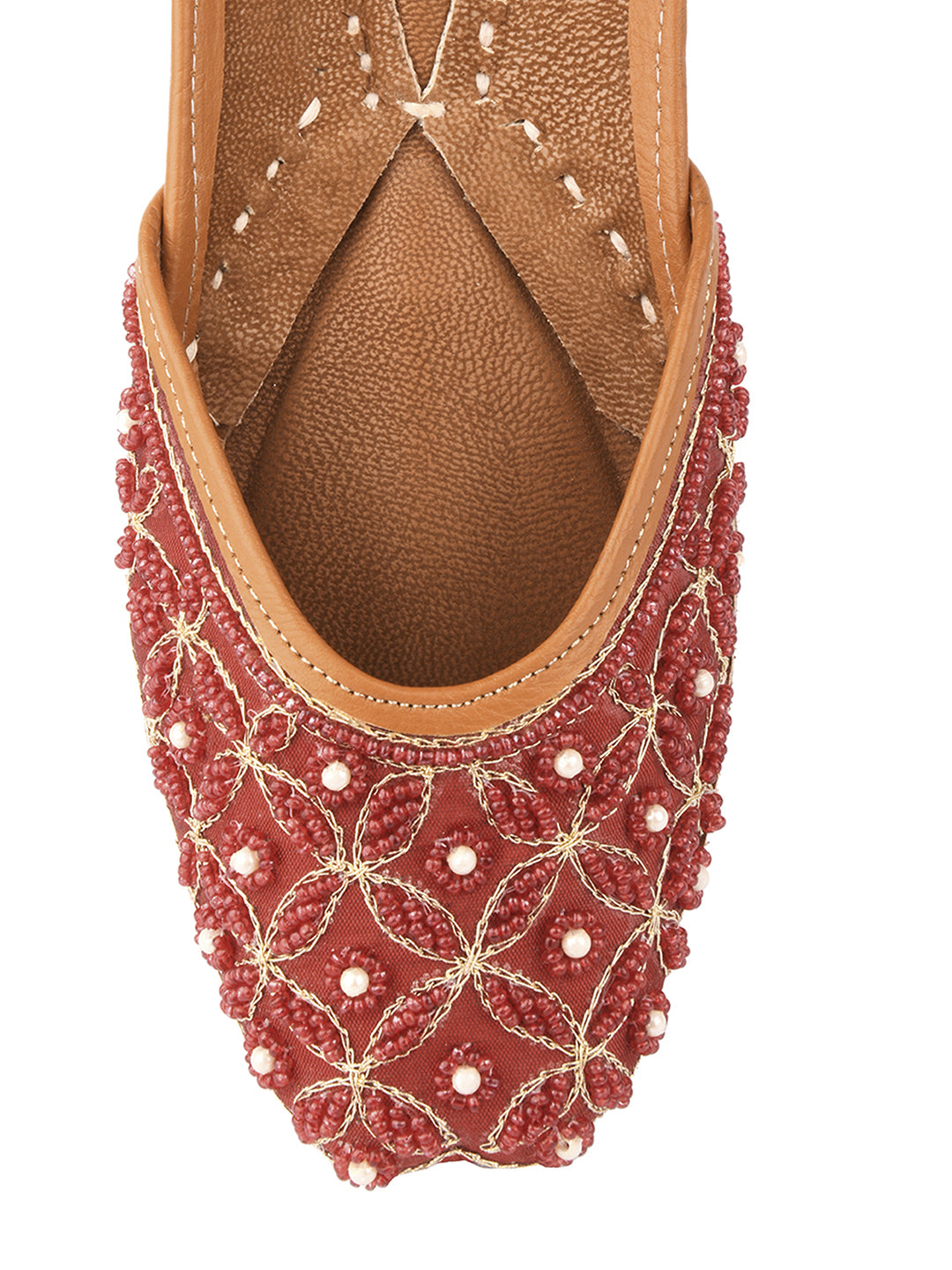 Women Maroon Embellished Leather Ethnic Mojaris Flats