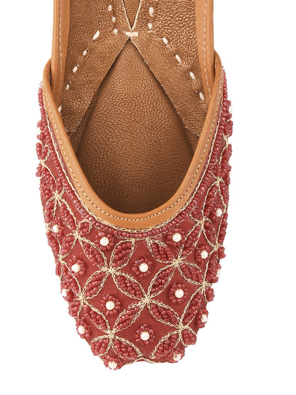 Women Maroon Embellished Leather Ethnic Mojaris Flats