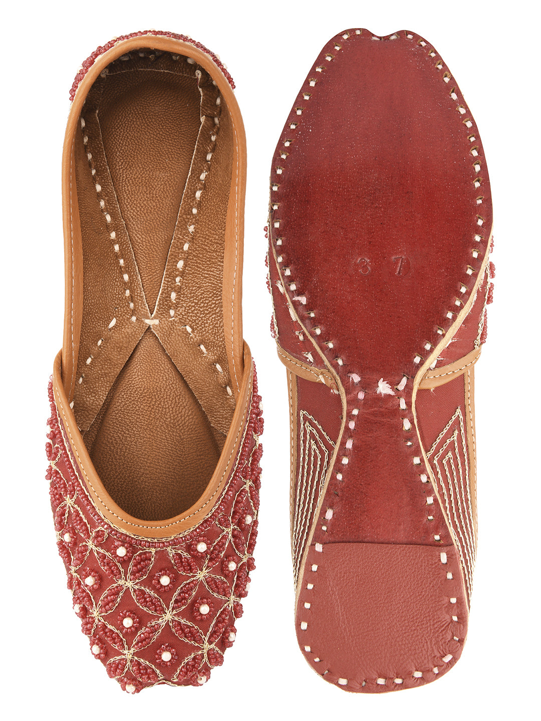 Women Maroon Embellished Leather Ethnic Mojaris Flats