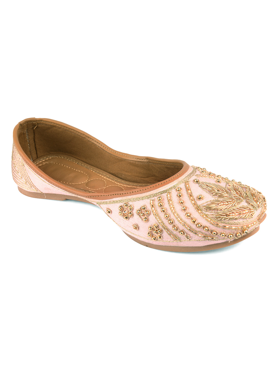 Peach Dabka & Gold Stone Embellished Mojaris for Women