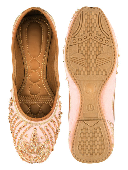 Peach Dabka & Gold Stone Embellished Mojaris for Women