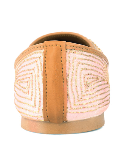 Peach Dabka & Gold Stone Embellished Mojaris for Women